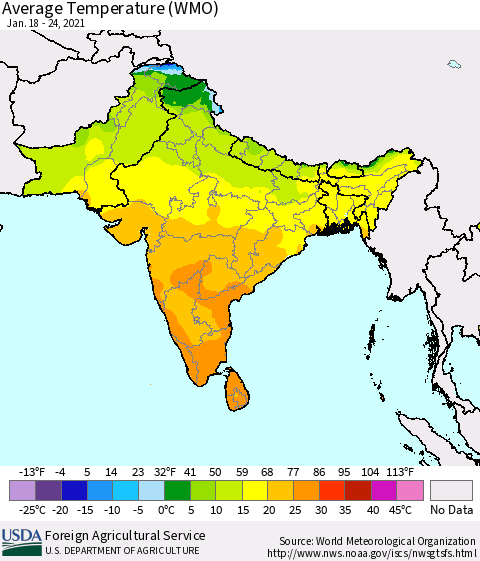 Southern Asia Average Temperature (WMO) Thematic Map For 1/18/2021 - 1/24/2021