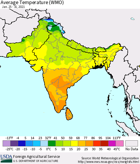 Southern Asia Average Temperature (WMO) Thematic Map For 1/25/2021 - 1/31/2021