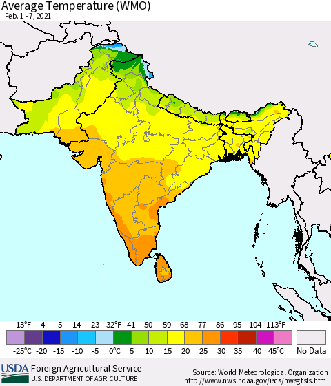 Southern Asia Average Temperature (WMO) Thematic Map For 2/1/2021 - 2/7/2021