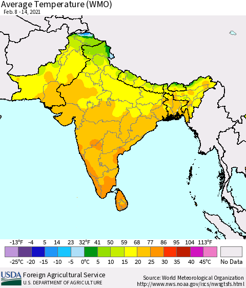 Southern Asia Average Temperature (WMO) Thematic Map For 2/8/2021 - 2/14/2021