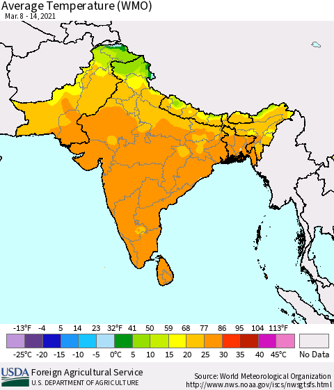 Southern Asia Average Temperature (WMO) Thematic Map For 3/8/2021 - 3/14/2021
