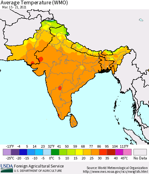 Southern Asia Average Temperature (WMO) Thematic Map For 3/15/2021 - 3/21/2021