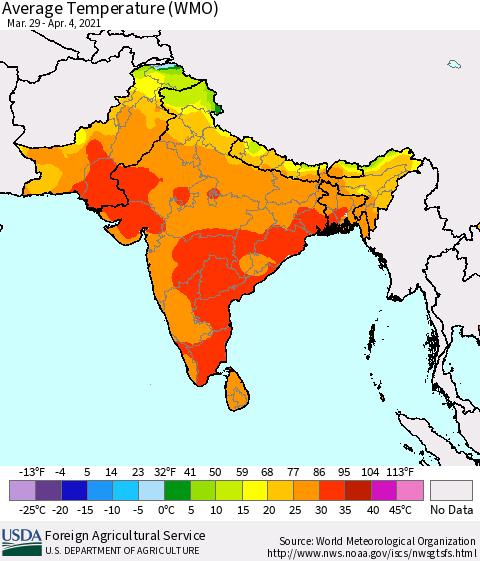 Southern Asia Average Temperature (WMO) Thematic Map For 3/29/2021 - 4/4/2021