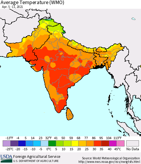 Southern Asia Average Temperature (WMO) Thematic Map For 4/5/2021 - 4/11/2021