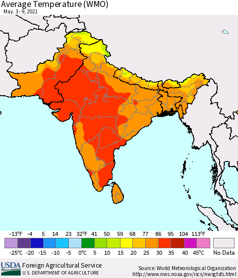 Southern Asia Average Temperature (WMO) Thematic Map For 5/3/2021 - 5/9/2021