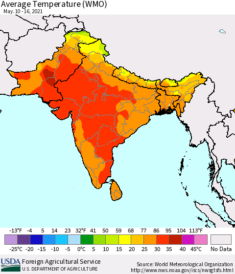 Southern Asia Average Temperature (WMO) Thematic Map For 5/10/2021 - 5/16/2021