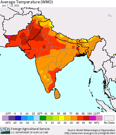 Southern Asia Average Temperature (WMO) Thematic Map For 6/7/2021 - 6/13/2021