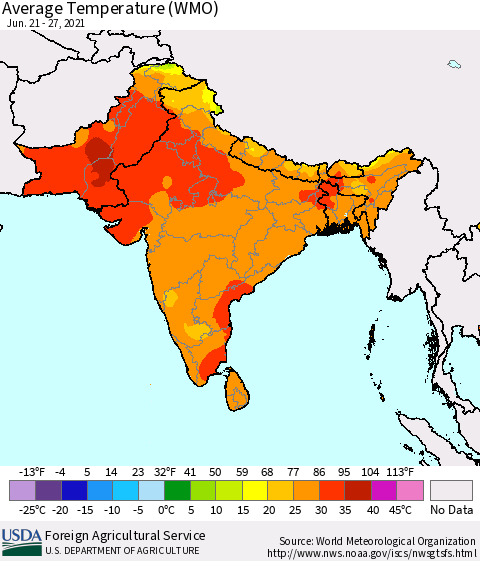 Southern Asia Average Temperature (WMO) Thematic Map For 6/21/2021 - 6/27/2021