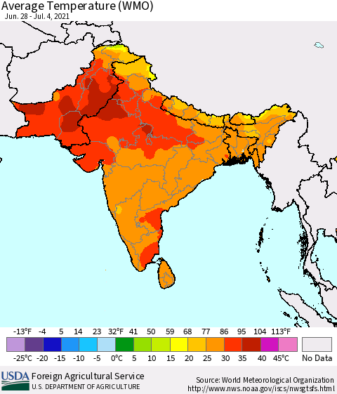 Southern Asia Average Temperature (WMO) Thematic Map For 6/28/2021 - 7/4/2021