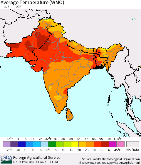 Southern Asia Average Temperature (WMO) Thematic Map For 7/5/2021 - 7/11/2021