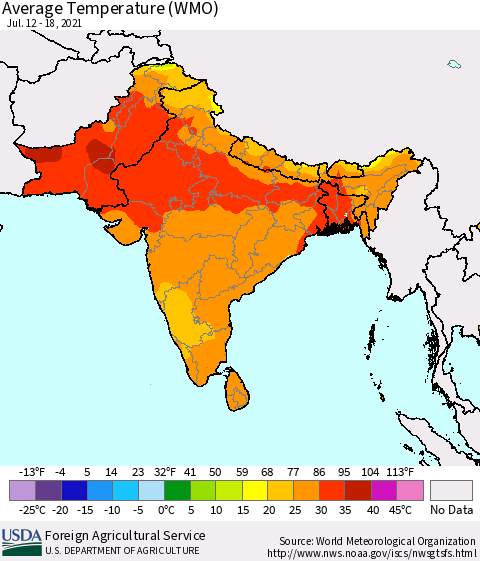 Southern Asia Average Temperature (WMO) Thematic Map For 7/12/2021 - 7/18/2021