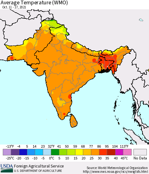 Southern Asia Average Temperature (WMO) Thematic Map For 10/11/2021 - 10/17/2021