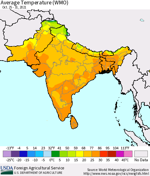 Southern Asia Average Temperature (WMO) Thematic Map For 10/25/2021 - 10/31/2021