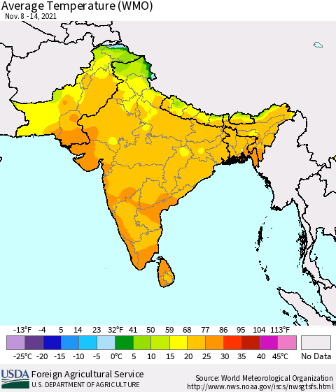 Southern Asia Average Temperature (WMO) Thematic Map For 11/8/2021 - 11/14/2021