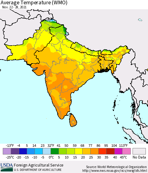 Southern Asia Average Temperature (WMO) Thematic Map For 11/22/2021 - 11/28/2021