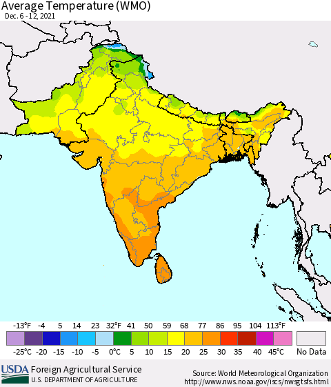Southern Asia Average Temperature (WMO) Thematic Map For 12/6/2021 - 12/12/2021
