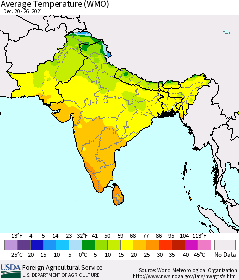 Southern Asia Average Temperature (WMO) Thematic Map For 12/20/2021 - 12/26/2021