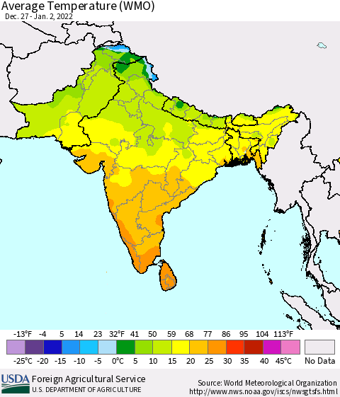 Southern Asia Average Temperature (WMO) Thematic Map For 12/27/2021 - 1/2/2022