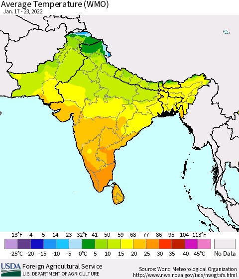 Southern Asia Average Temperature (WMO) Thematic Map For 1/17/2022 - 1/23/2022