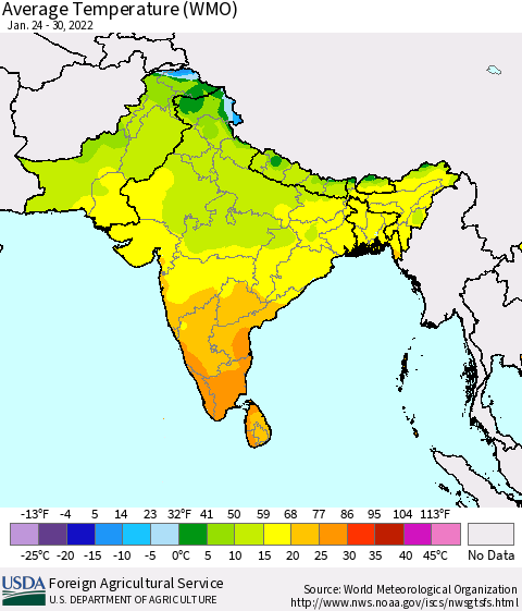 Southern Asia Average Temperature (WMO) Thematic Map For 1/24/2022 - 1/30/2022