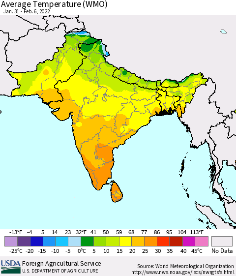 Southern Asia Average Temperature (WMO) Thematic Map For 1/31/2022 - 2/6/2022