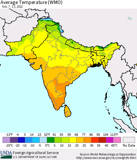 Southern Asia Average Temperature (WMO) Thematic Map For 2/7/2022 - 2/13/2022