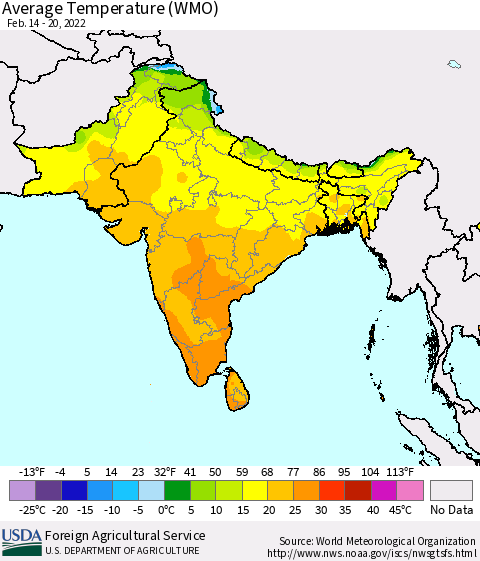 Southern Asia Average Temperature (WMO) Thematic Map For 2/14/2022 - 2/20/2022