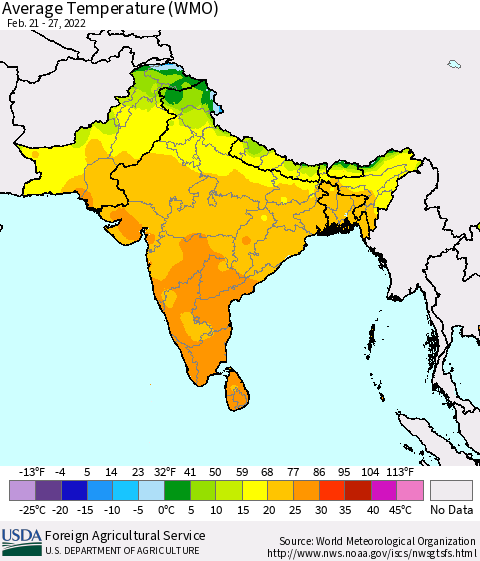 Southern Asia Average Temperature (WMO) Thematic Map For 2/21/2022 - 2/27/2022