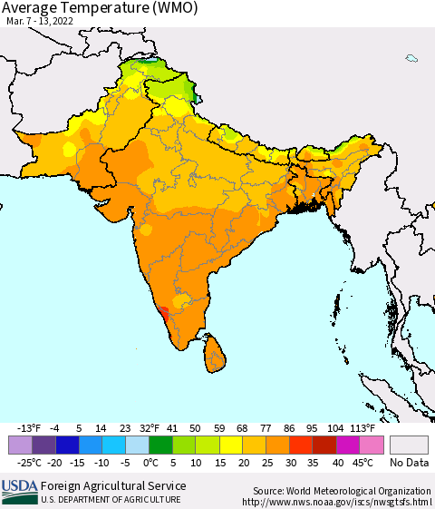 Southern Asia Average Temperature (WMO) Thematic Map For 3/7/2022 - 3/13/2022