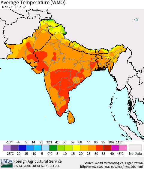 Southern Asia Average Temperature (WMO) Thematic Map For 3/21/2022 - 3/27/2022
