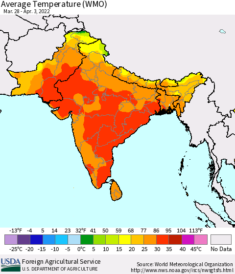 Southern Asia Average Temperature (WMO) Thematic Map For 3/28/2022 - 4/3/2022