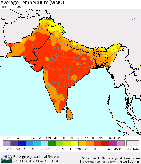 Southern Asia Average Temperature (WMO) Thematic Map For 4/4/2022 - 4/10/2022