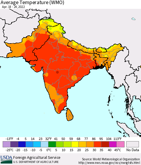 Southern Asia Average Temperature (WMO) Thematic Map For 4/18/2022 - 4/24/2022