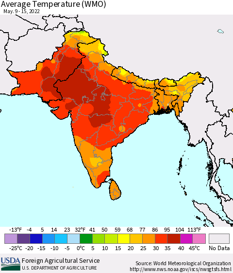 Southern Asia Average Temperature (WMO) Thematic Map For 5/9/2022 - 5/15/2022