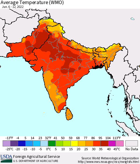 Southern Asia Average Temperature (WMO) Thematic Map For 6/6/2022 - 6/12/2022