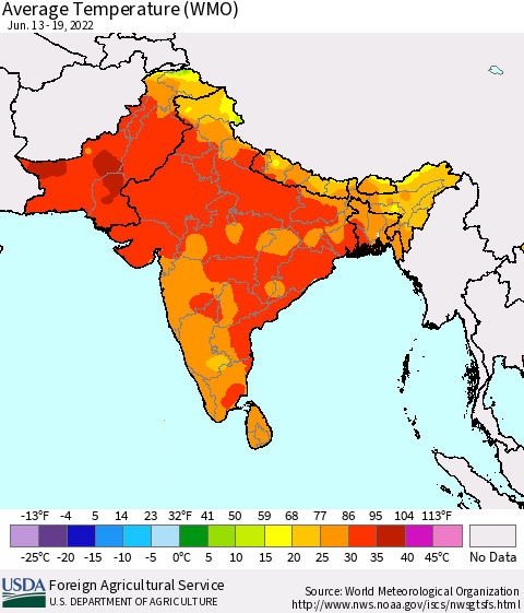 Southern Asia Average Temperature (WMO) Thematic Map For 6/13/2022 - 6/19/2022