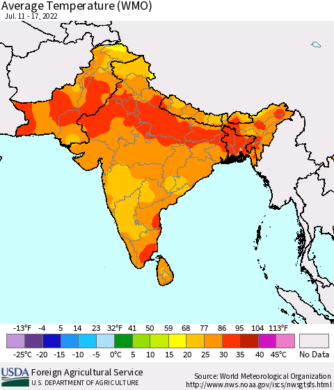 Southern Asia Average Temperature (WMO) Thematic Map For 7/11/2022 - 7/17/2022