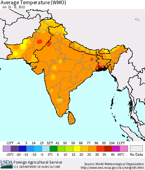 Southern Asia Average Temperature (WMO) Thematic Map For 7/25/2022 - 7/31/2022