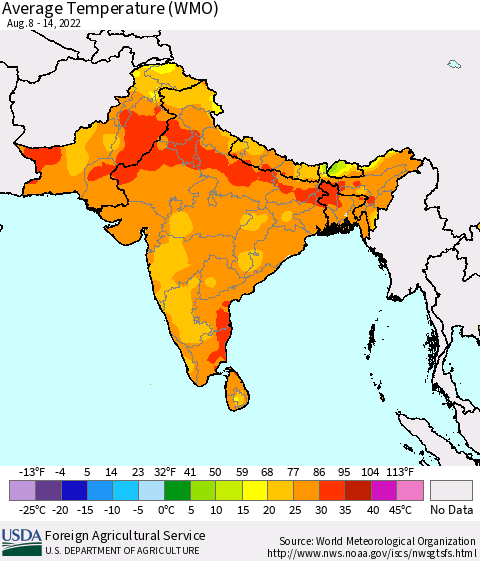 Southern Asia Average Temperature (WMO) Thematic Map For 8/8/2022 - 8/14/2022