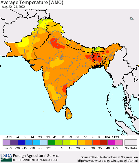 Southern Asia Average Temperature (WMO) Thematic Map For 8/22/2022 - 8/28/2022