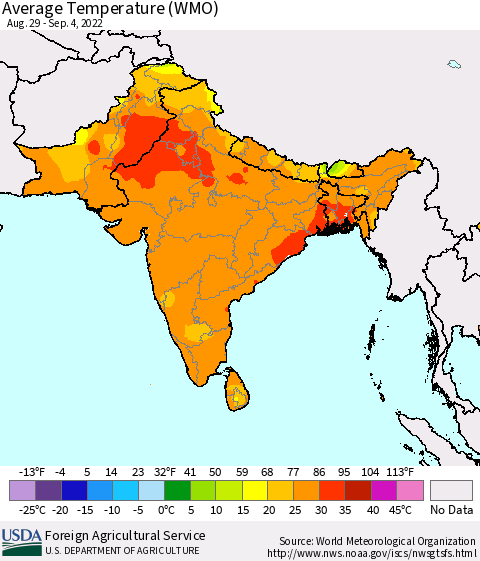 Southern Asia Average Temperature (WMO) Thematic Map For 8/29/2022 - 9/4/2022