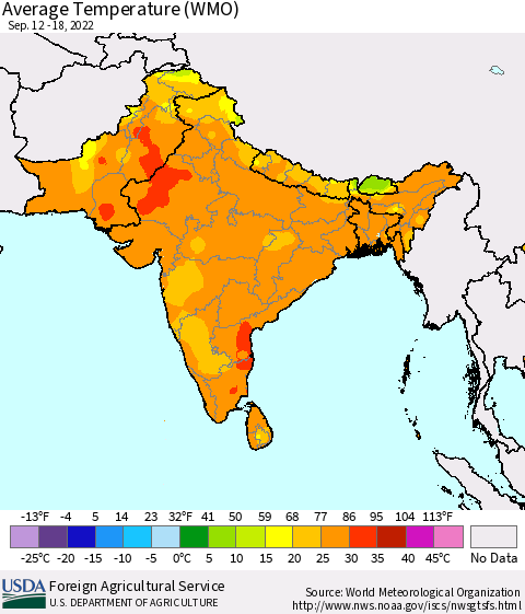 Southern Asia Average Temperature (WMO) Thematic Map For 9/12/2022 - 9/18/2022