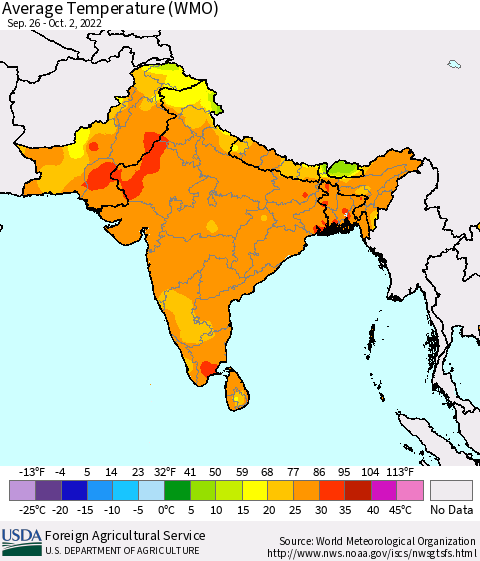 Southern Asia Average Temperature (WMO) Thematic Map For 9/26/2022 - 10/2/2022