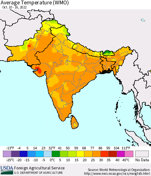 Southern Asia Average Temperature (WMO) Thematic Map For 10/10/2022 - 10/16/2022
