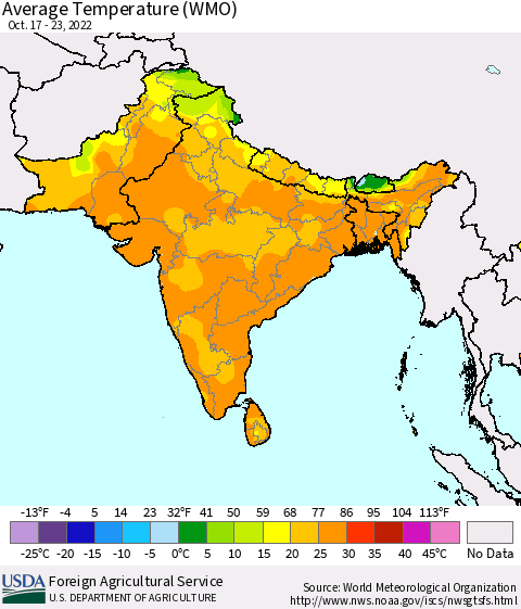 Southern Asia Average Temperature (WMO) Thematic Map For 10/17/2022 - 10/23/2022