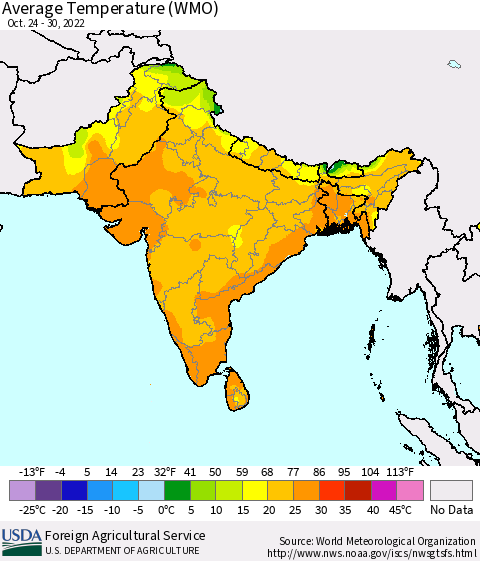 Southern Asia Average Temperature (WMO) Thematic Map For 10/24/2022 - 10/30/2022