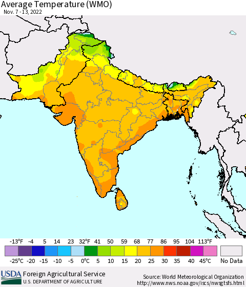 Southern Asia Average Temperature (WMO) Thematic Map For 11/7/2022 - 11/13/2022
