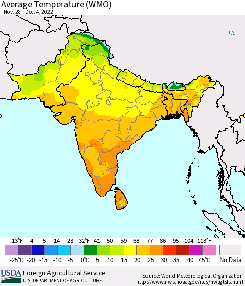 Southern Asia Average Temperature (WMO) Thematic Map For 11/28/2022 - 12/4/2022