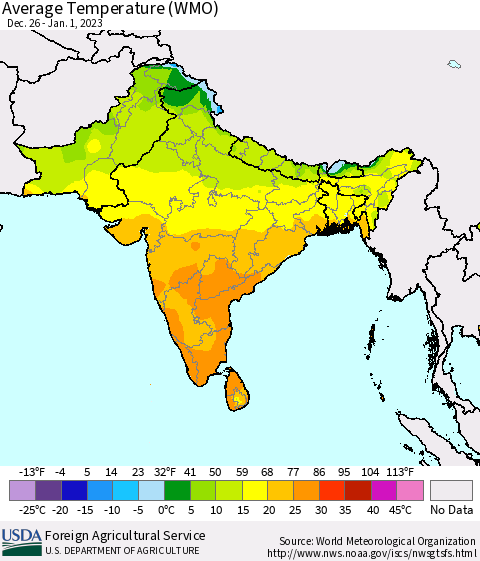 Southern Asia Average Temperature (WMO) Thematic Map For 12/26/2022 - 1/1/2023