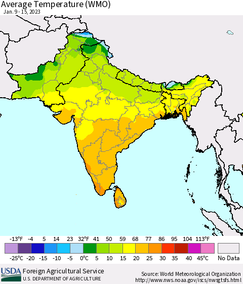 Southern Asia Average Temperature (WMO) Thematic Map For 1/9/2023 - 1/15/2023